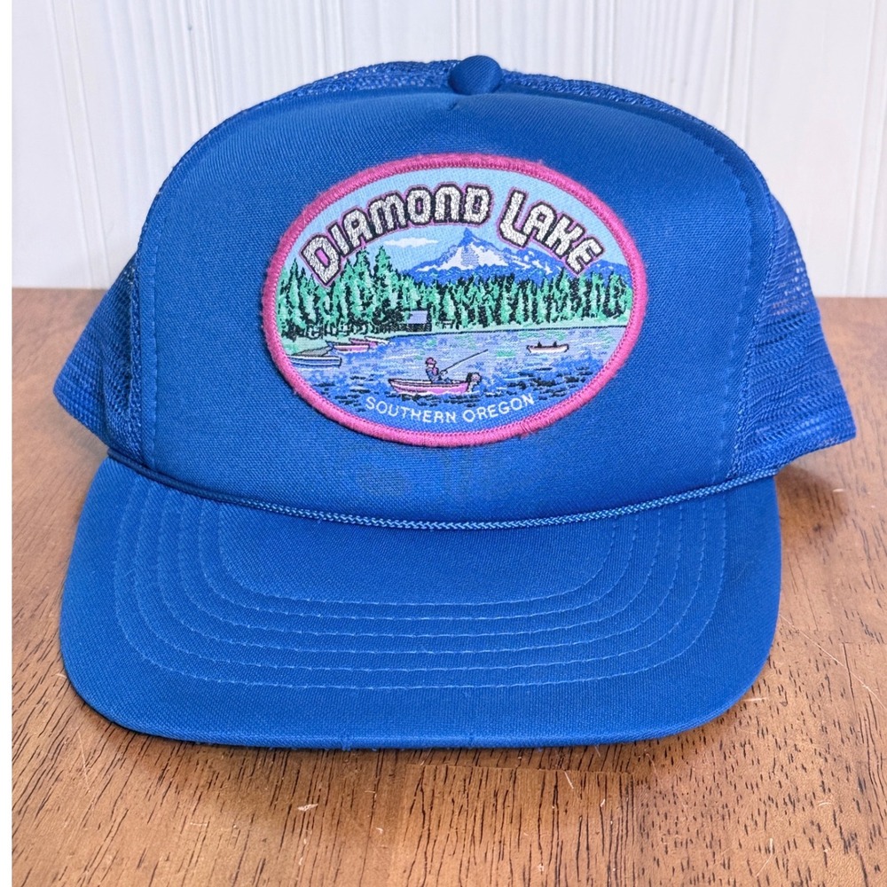Vintage Diamond Lake Oregon Hat Snapback Trucker Blue Patch
